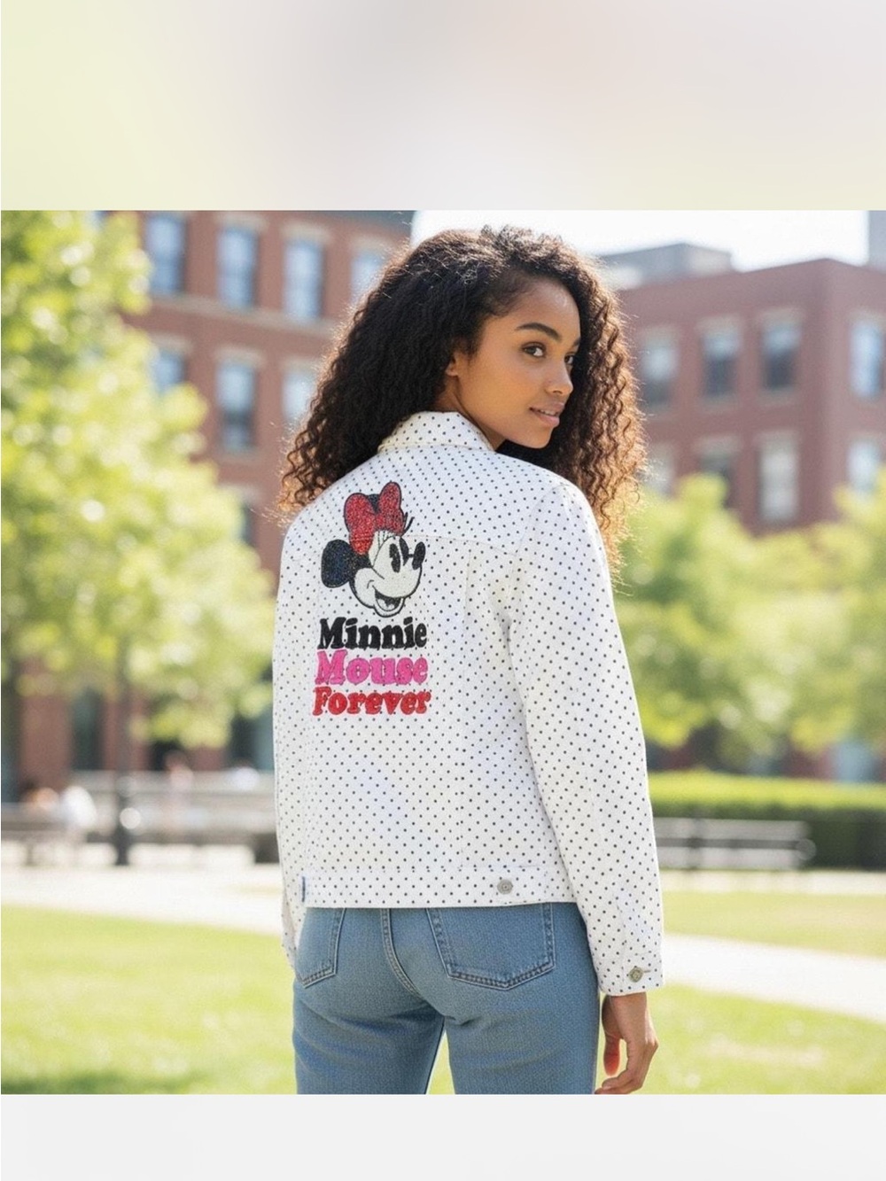 White Polka Dot Jacket with Minnie Mouse Graphics M .